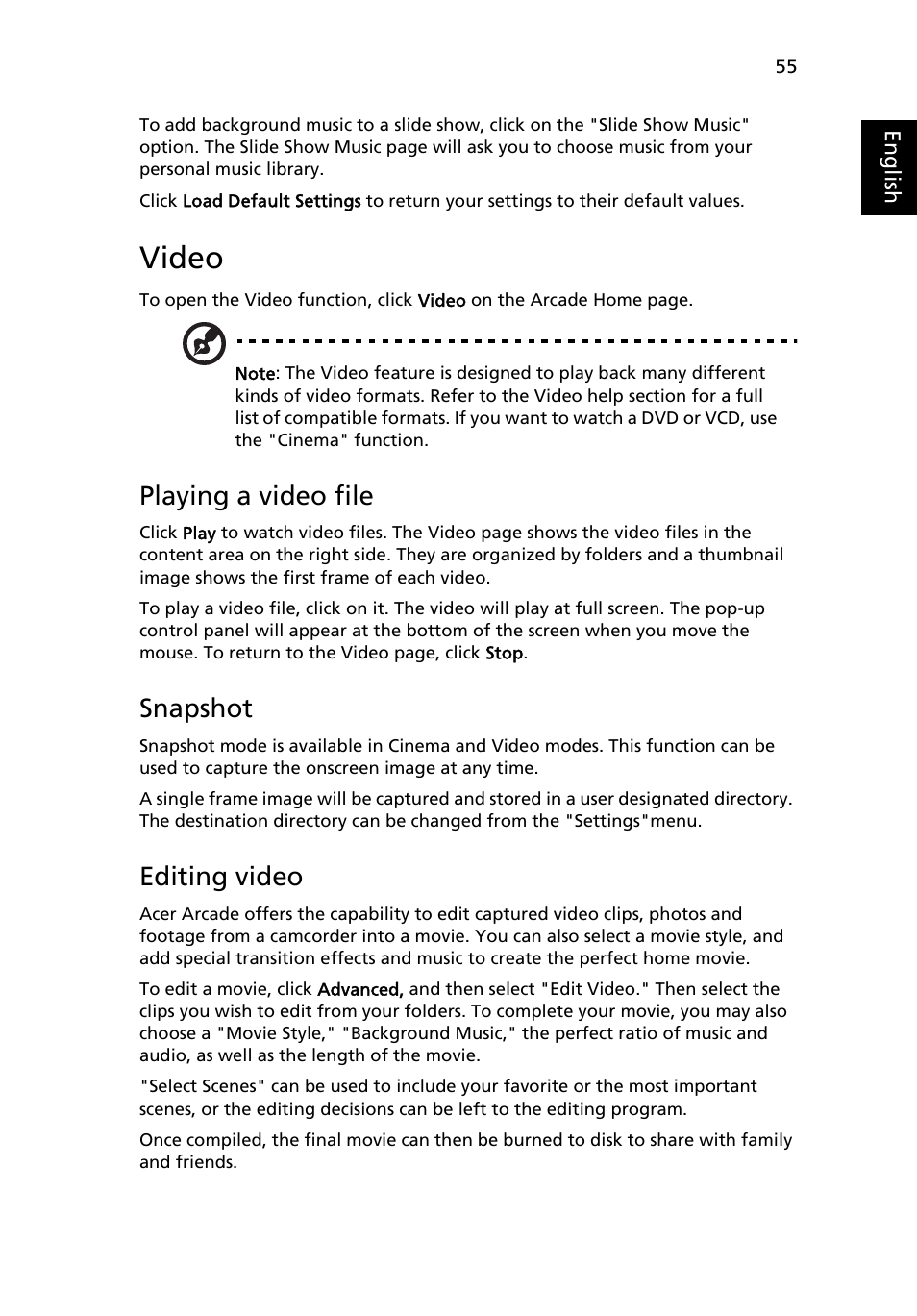 Video, Playing a video file, Snapshot | Editing video | Acer Extensa 5010 User Manual | Page 73 / 111