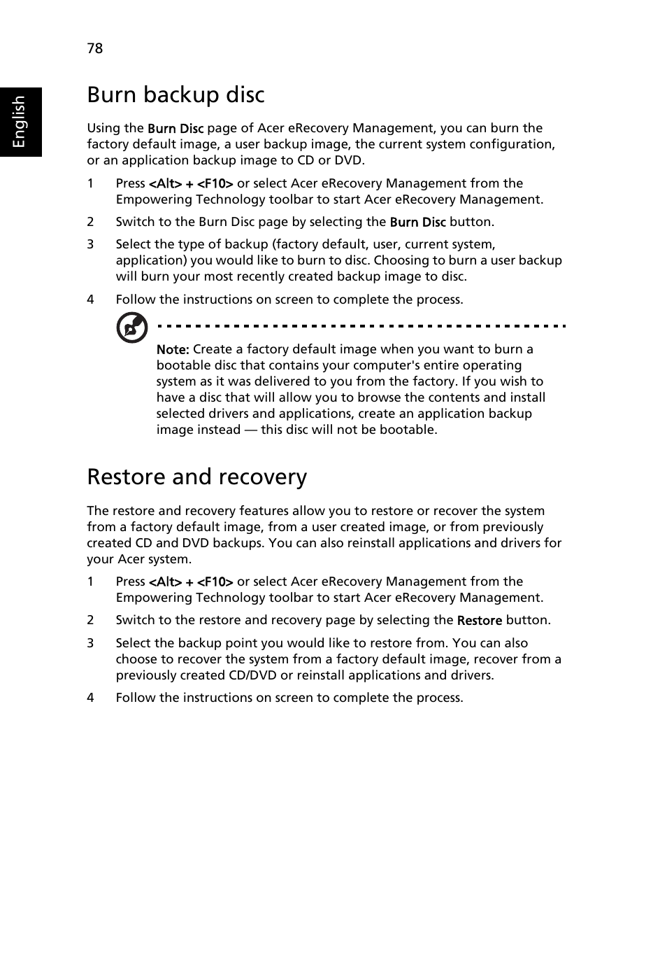 Burn backup disc, Restore and recovery | Acer Extensa 5010 User Manual | Page 96 / 111