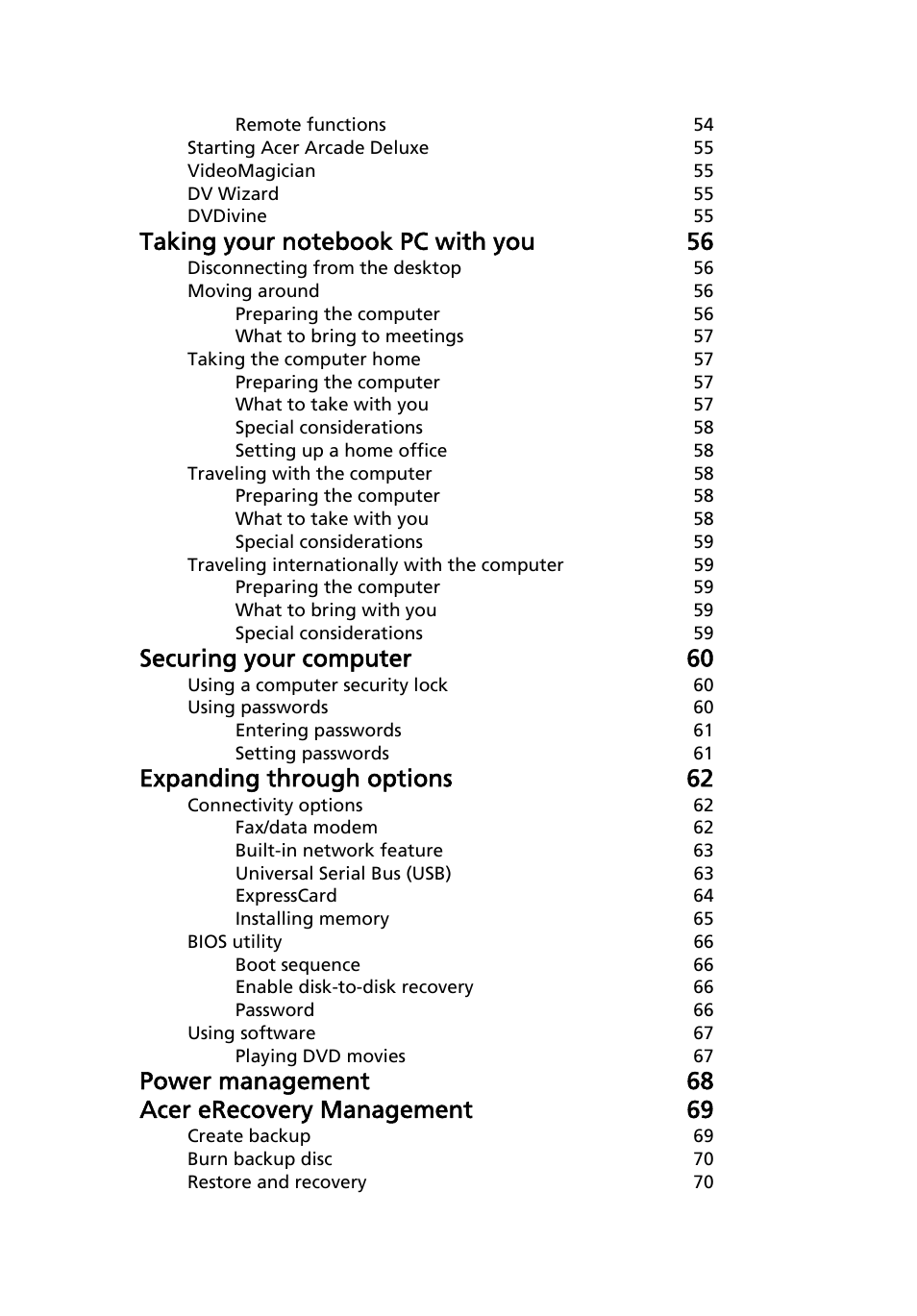 Securing your computer 60, Expanding through options 62, Power management 68 acer erecovery management 69 | Acer Aspire 4715Z User Manual | Page 19 / 105