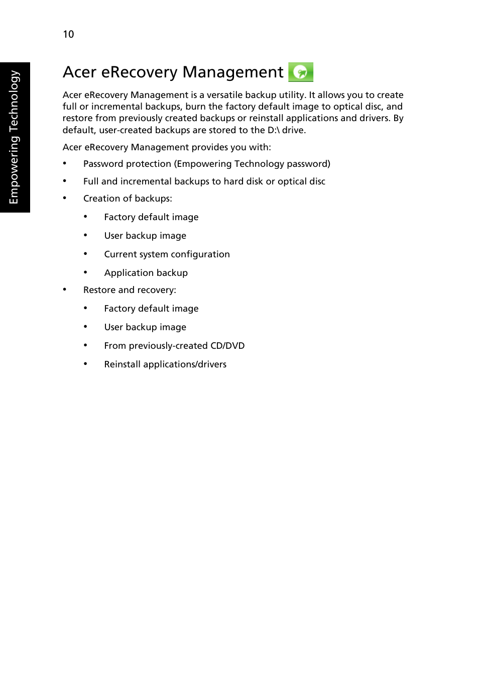 Acer erecovery management | Acer Aspire 4715Z User Manual | Page 30 / 105