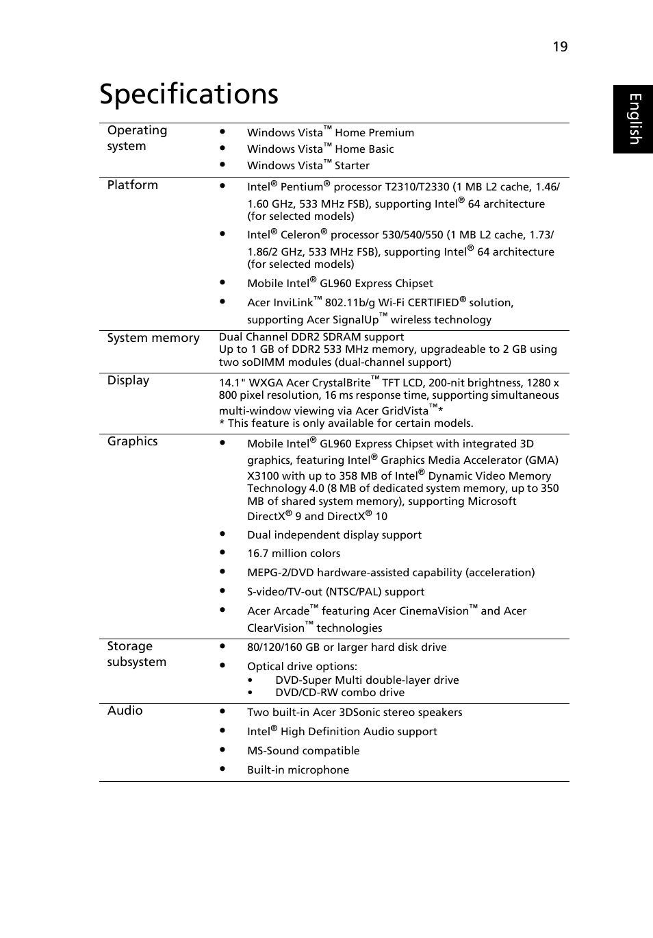 Specifications, Eng lis h | Acer Aspire 4715Z User Manual | Page 39 / 105