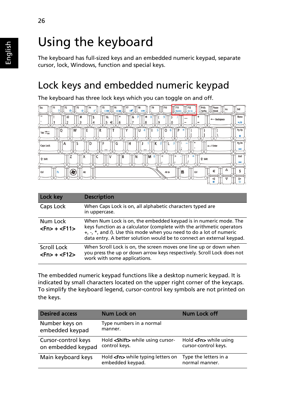 Using the keyboard, Lock keys and embedded numeric keypad | Acer Aspire 4715Z User Manual | Page 46 / 105