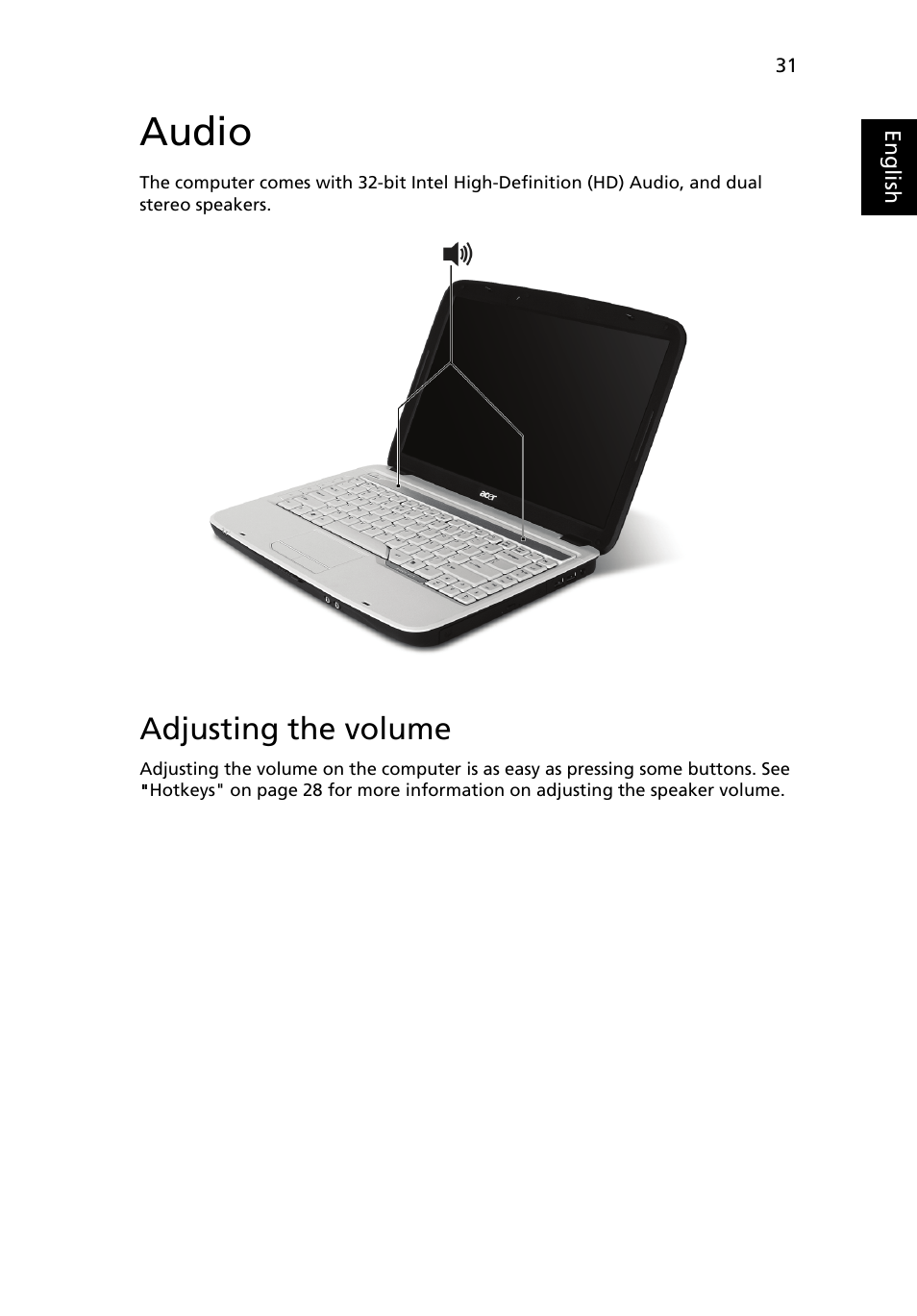 Audio, Adjusting the volume | Acer Aspire 4715Z User Manual | Page 51 / 105