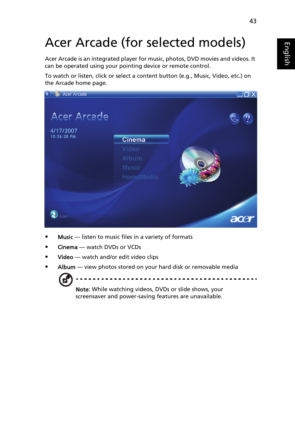 Acer arcade (for selected models), Finding and playing content | Acer Aspire 4715Z User Manual | Page 62 / 105