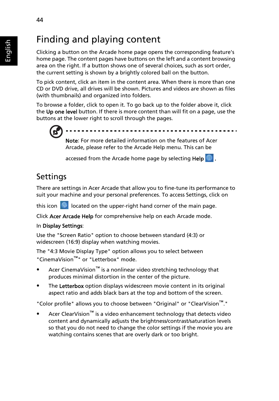 Finding and playing content, Settings, Arcade controls | Acer Aspire 4715Z User Manual | Page 63 / 105