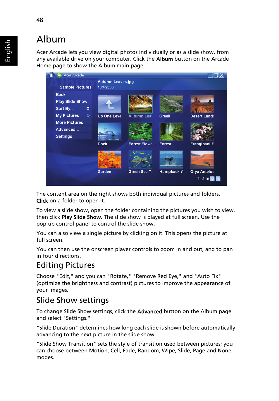 Album, Editing pictures, Slide show settings | Video | Acer Aspire 4715Z User Manual | Page 67 / 105