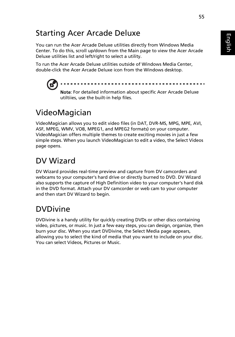 Starting acer arcade deluxe, Videomagician, Dv wizard | Dvdivine | Acer Aspire 4715Z User Manual | Page 74 / 105