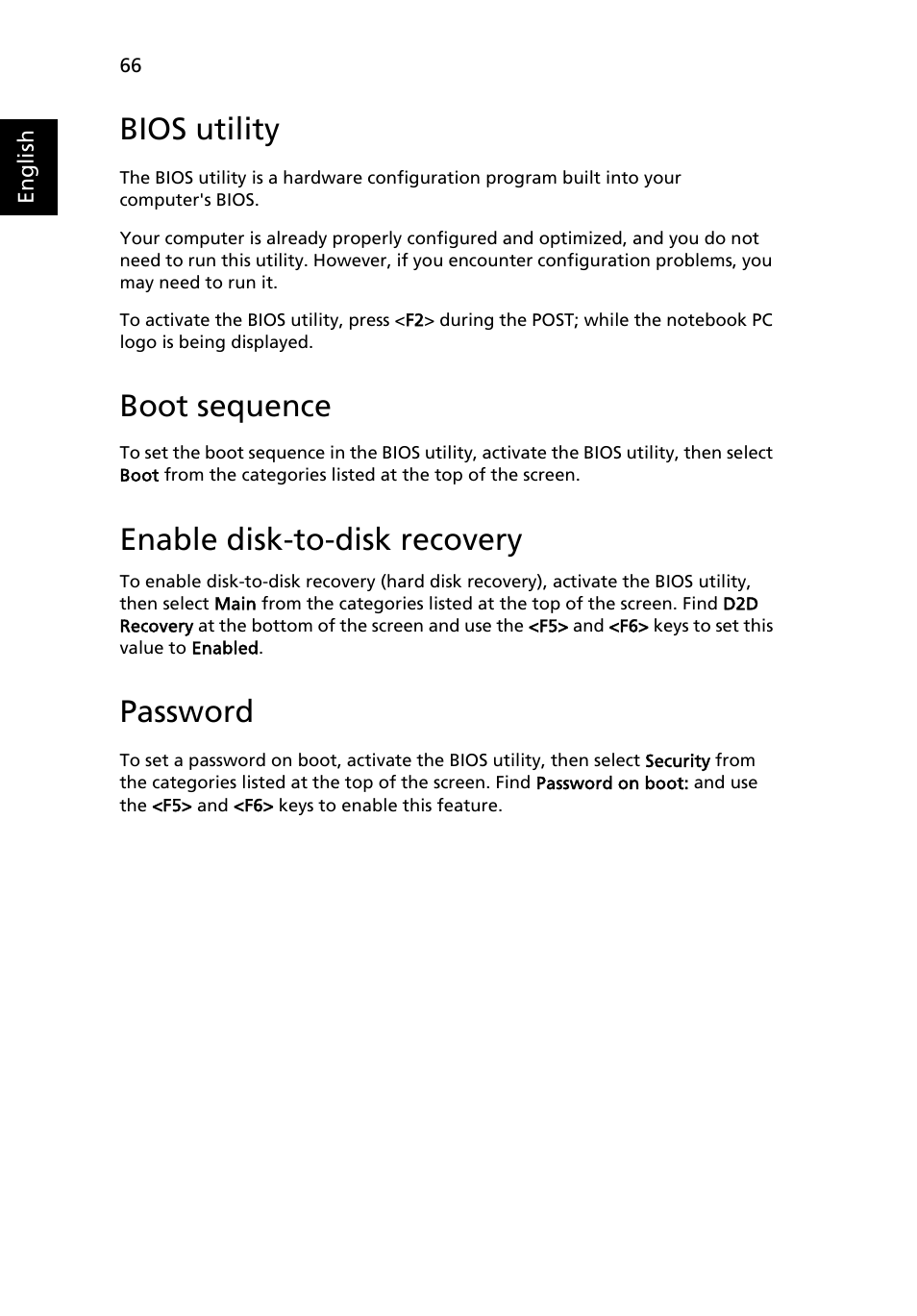 Bios utility, Boot sequence, Enable disk-to-disk recovery | Password | Acer Aspire 4715Z User Manual | Page 85 / 105