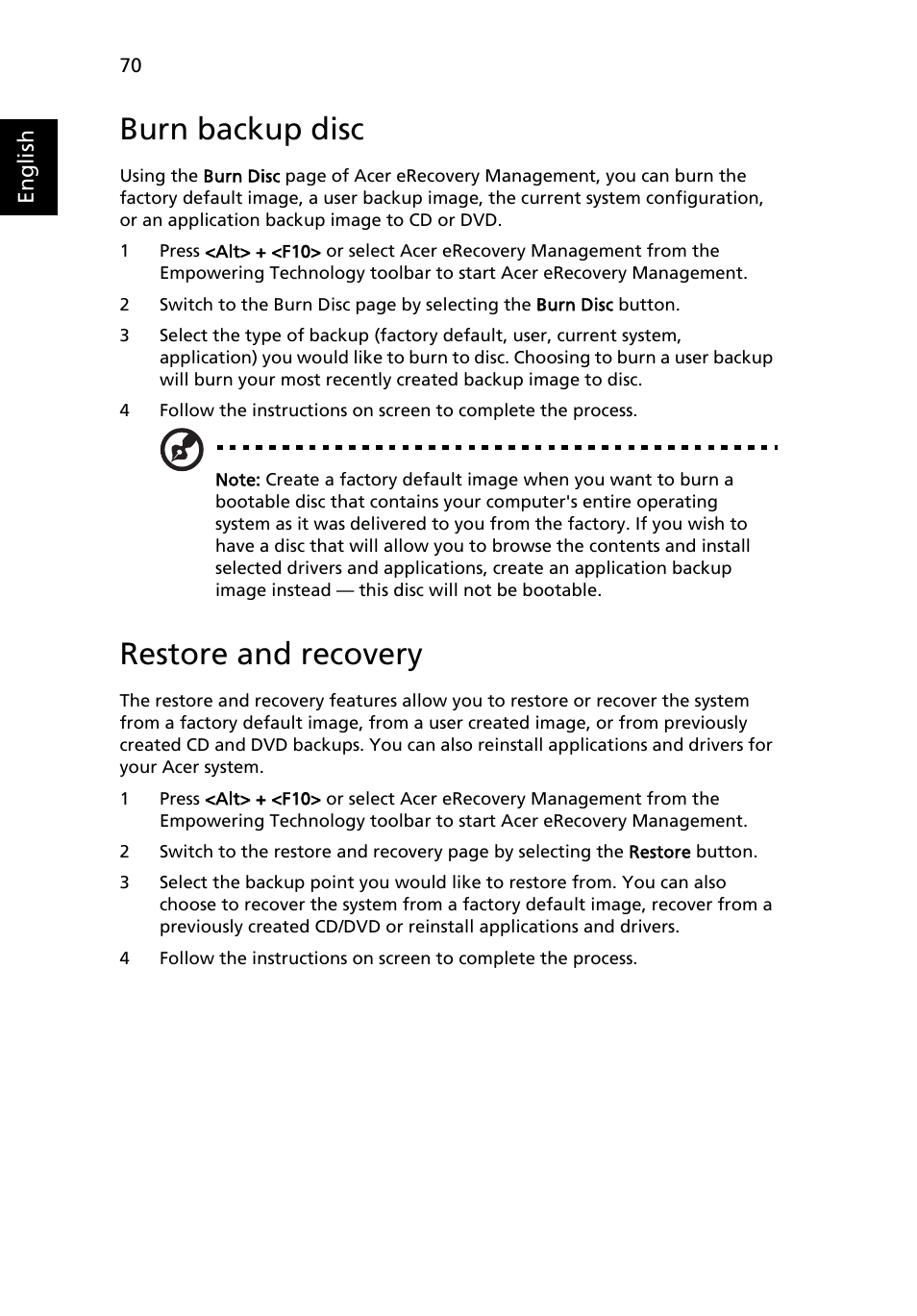 Burn backup disc, Restore and recovery | Acer Aspire 4715Z User Manual | Page 89 / 105