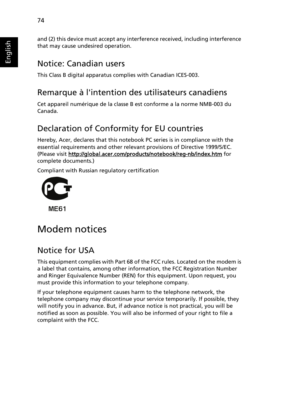 Modem notices, Notice: canadian users, Remarque à l'intention des utilisateurs canadiens | Declaration of conformity for eu countries, Notice for usa | Acer Aspire 4715Z User Manual | Page 93 / 105