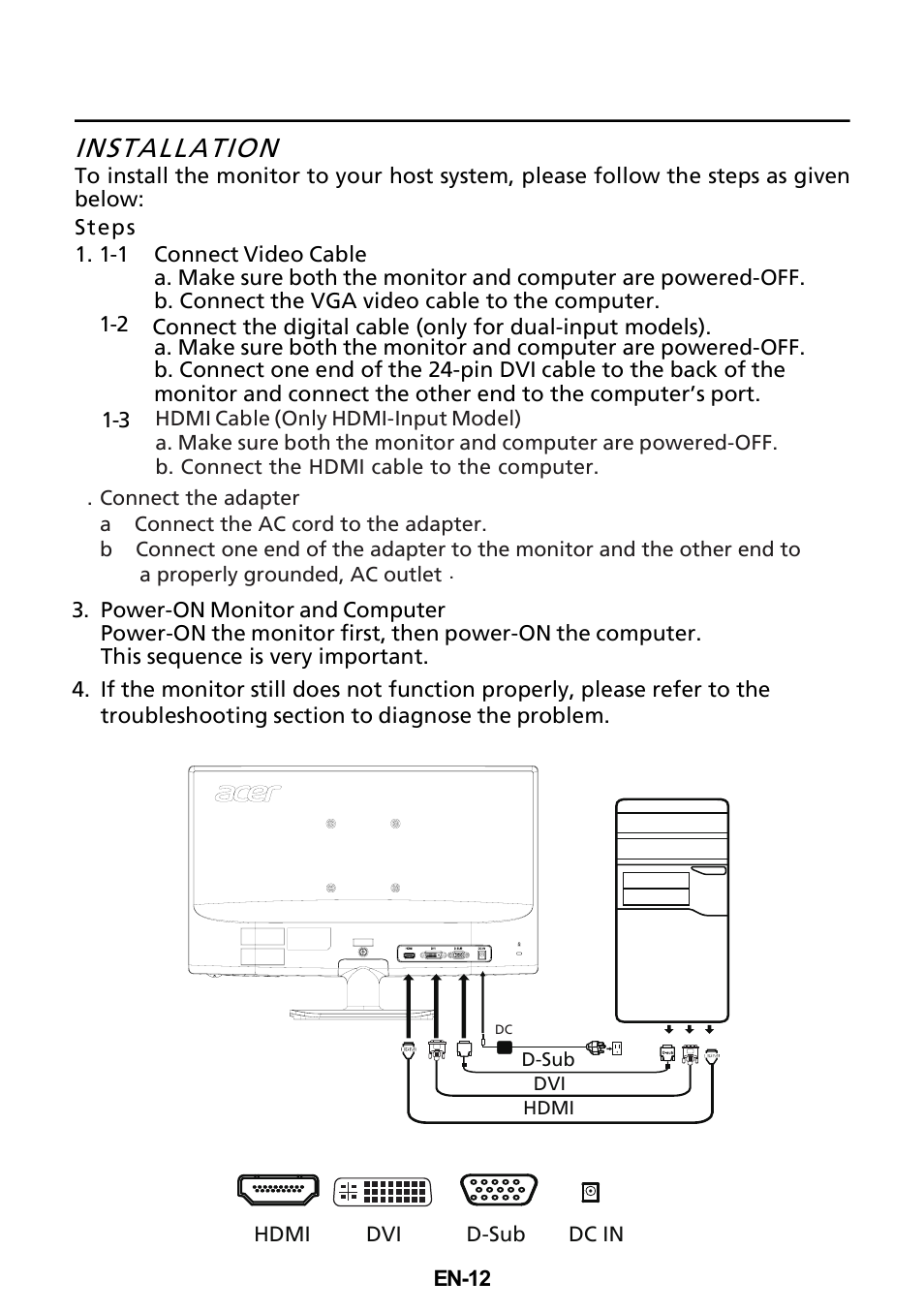 Installation | Acer V225WL User Manual | Page 13 / 24