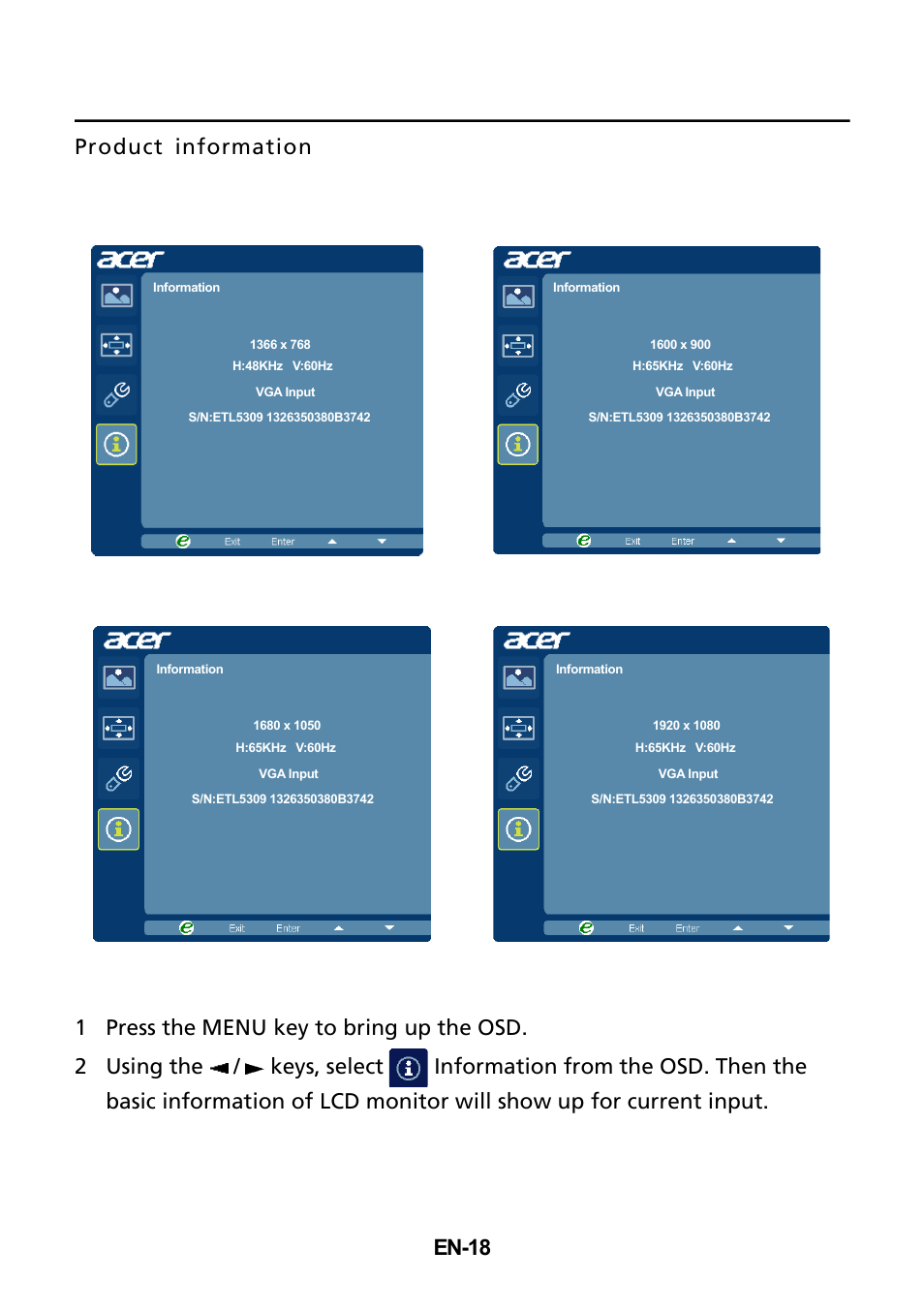 V235hl), V225 w l), V205hl) | Acer V225WL User Manual | Page 19 / 24