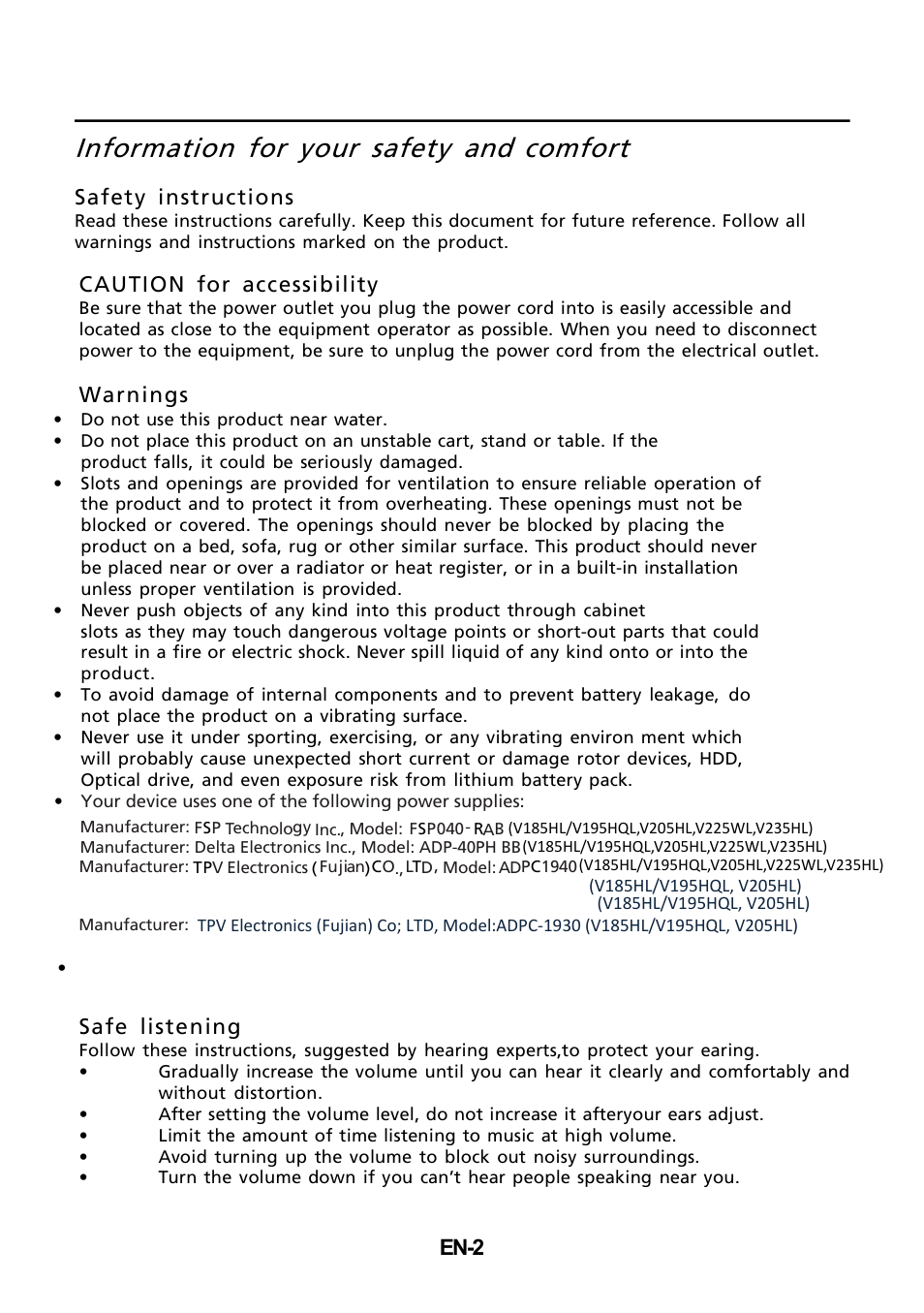 Information for your safety and, Comfort, En-2 | Safety instructions, Caution for accessibility, Warnings, Safe listening | Acer V225WL User Manual | Page 3 / 24