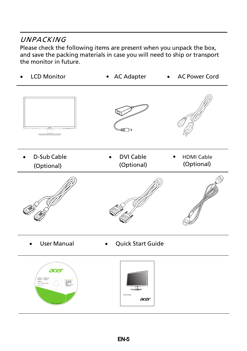 Unpacking, En-5 · lcd monitor, Optional) | Acer V225WL User Manual | Page 6 / 24
