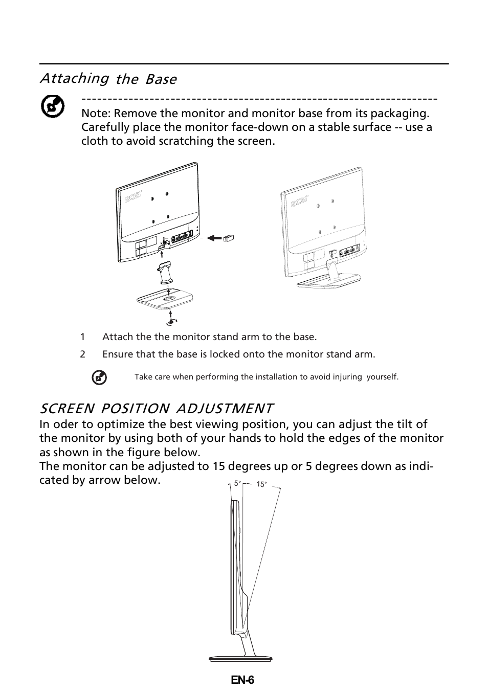 Attaching the base screen position adjustment | Acer V225WL User Manual | Page 7 / 24