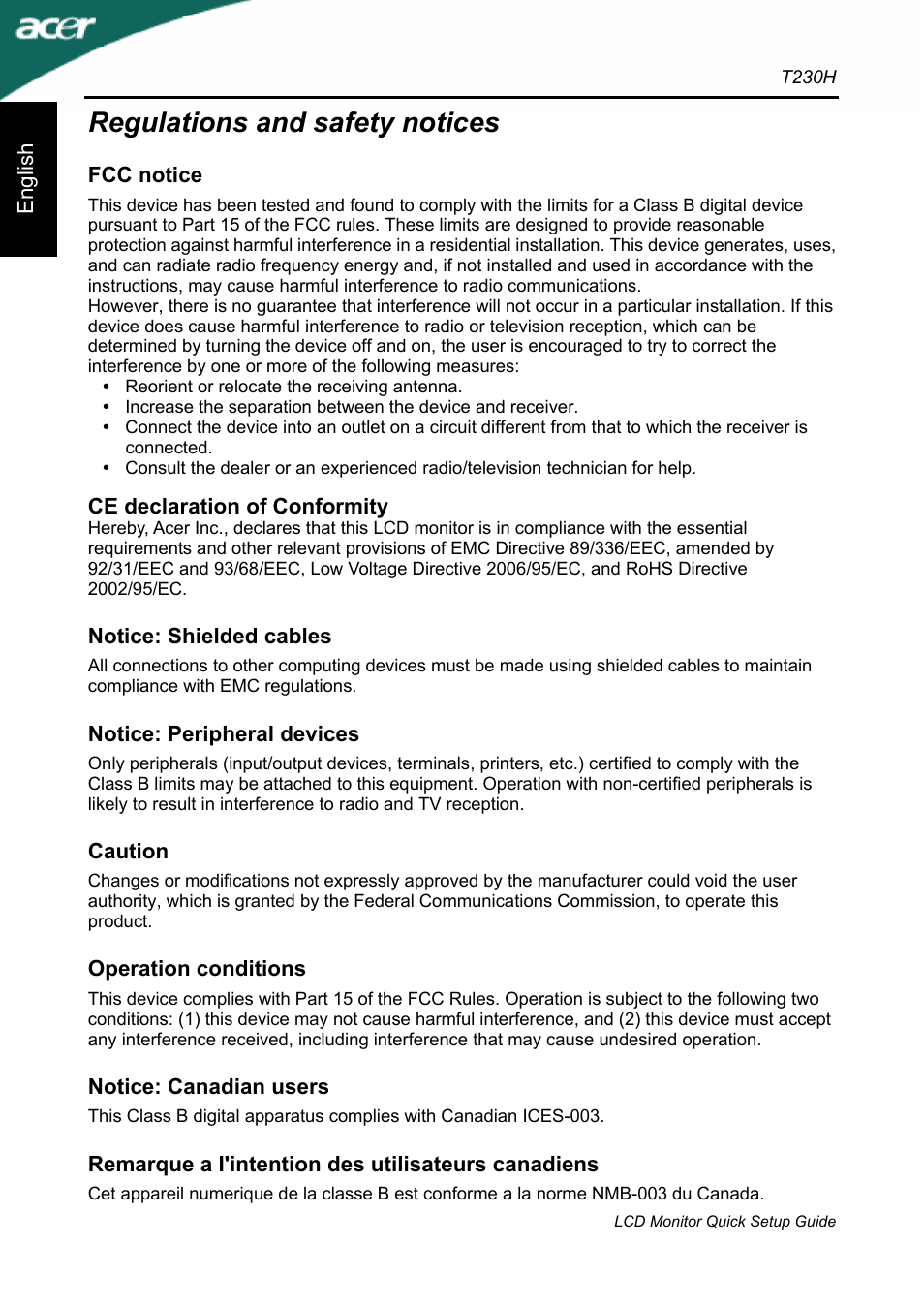 Regulations and safety notices, English, Fcc notice | Ce declaration of conformity, Notice: shielded cables, Notice: peripheral devices, Caution, Operation conditions, Notice: canadian users, Remarque a i'intention des utilisateurs canadiens | Acer T230H User Manual | Page 2 / 5