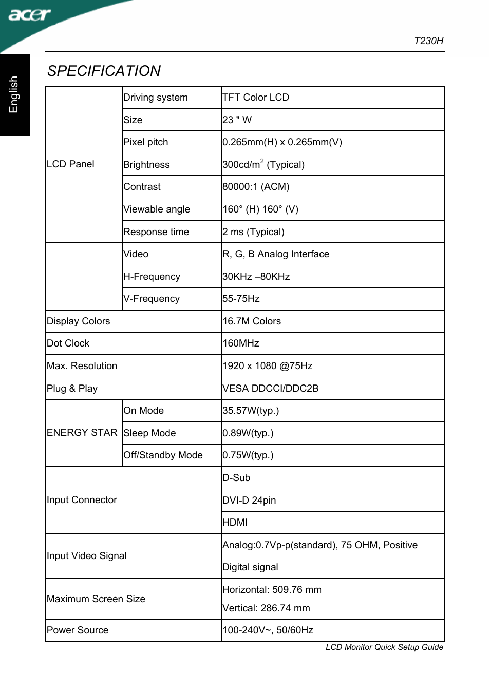 Specification | Acer T230H User Manual | Page 4 / 5