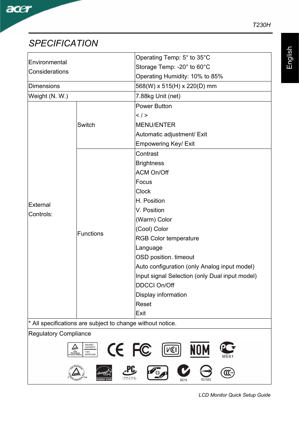 Specification | Acer T230H User Manual | Page 5 / 5