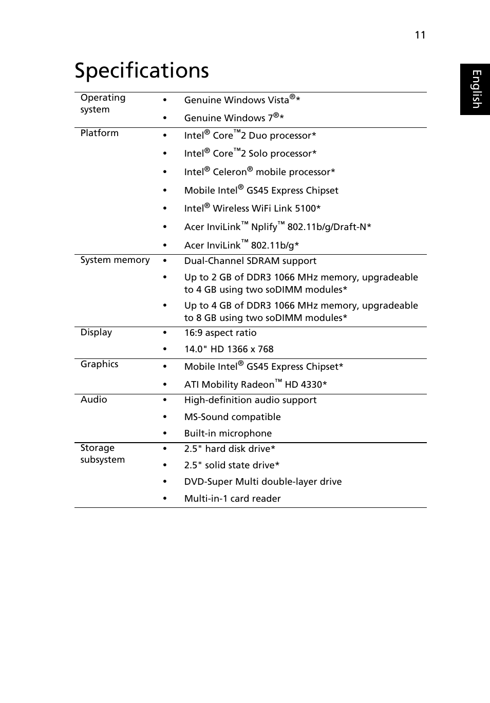 Specifications, Eng lis h | Acer TravelMate 8431 User Manual | Page 11 / 13