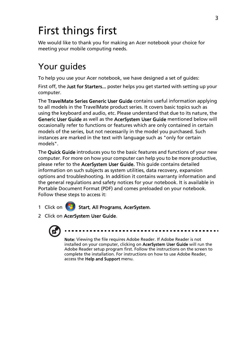 First things first, Your guides | Acer TravelMate 8431 User Manual | Page 3 / 13