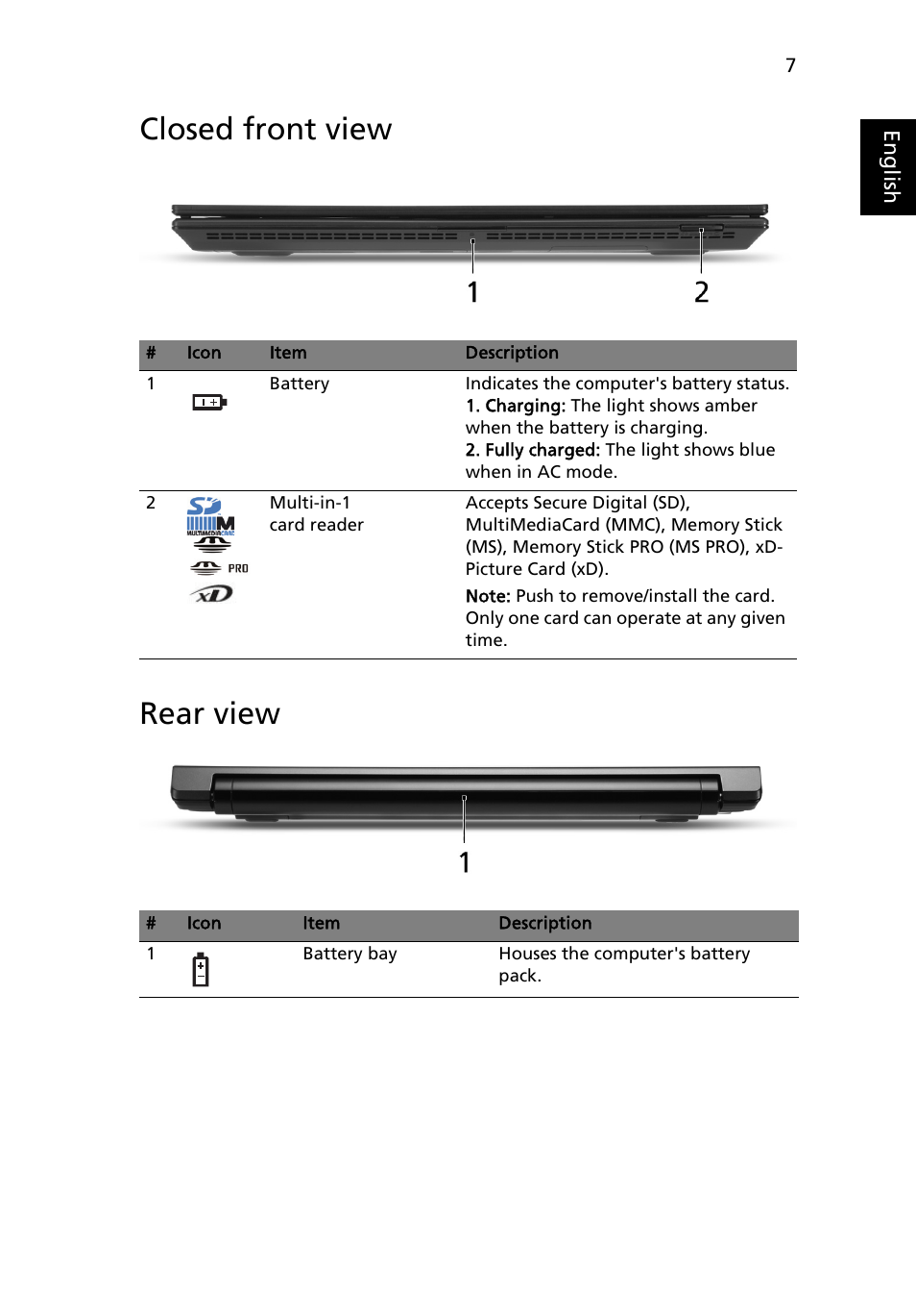 Closed front view, Rear view, Closed front view rear view | Acer TravelMate 8431 User Manual | Page 7 / 13