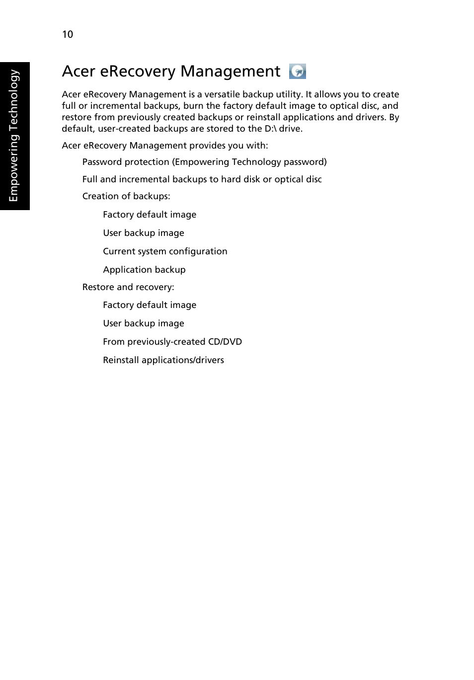 Acer erecovery management | Acer Aspire 9420 User Manual | Page 30 / 109