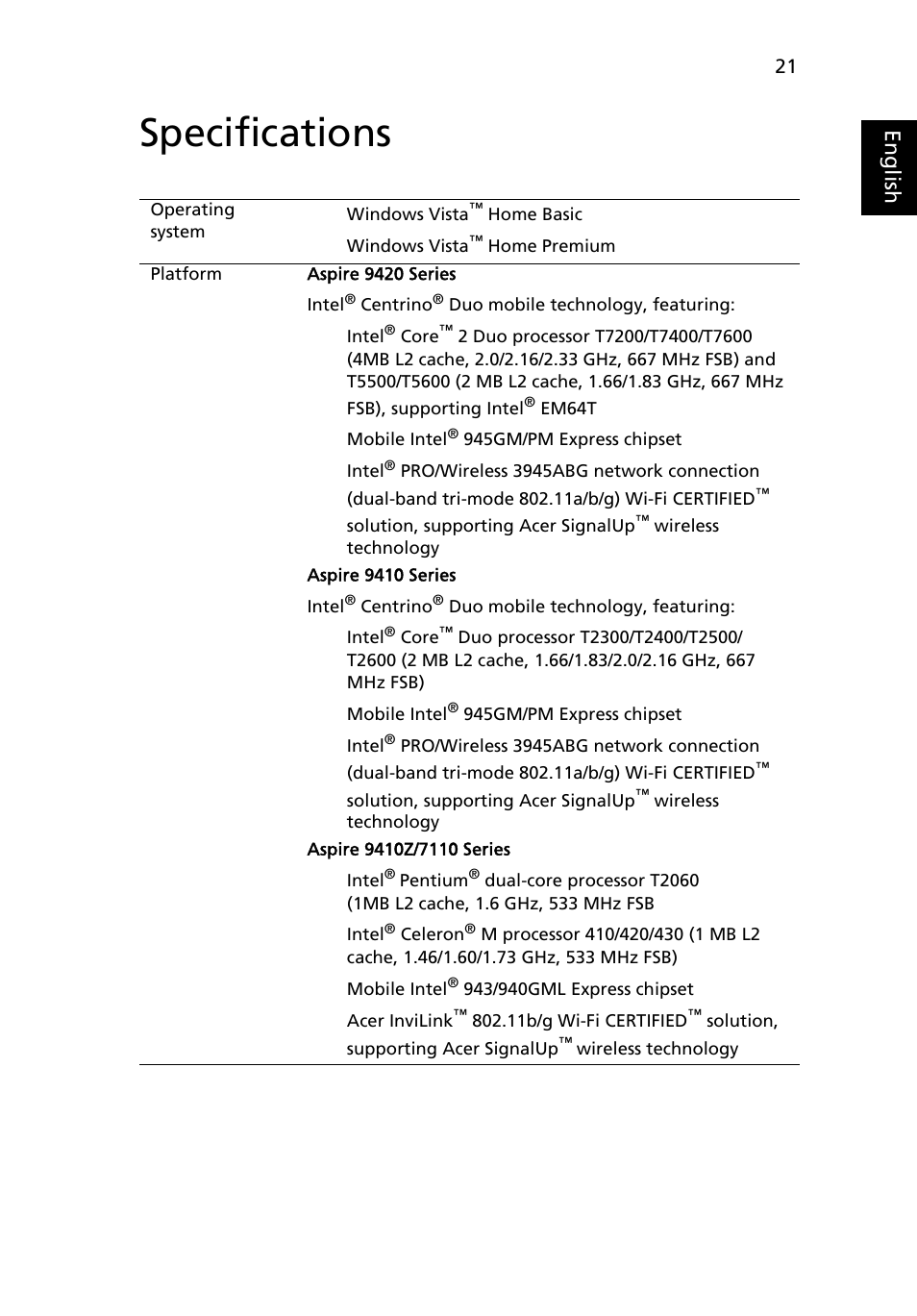 Specifications, Eng lis h | Acer Aspire 9420 User Manual | Page 41 / 109