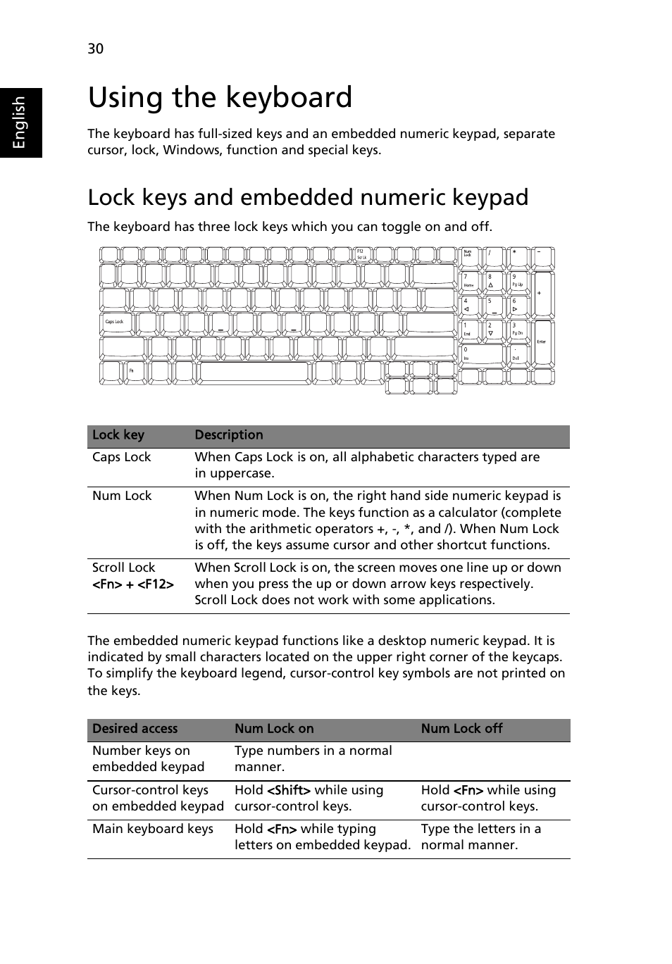 Using the keyboard, Lock keys and embedded numeric keypad | Acer Aspire 9420 User Manual | Page 50 / 109