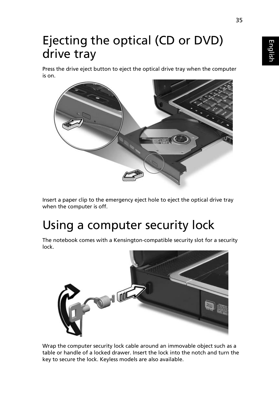 Ejecting the optical (cd or dvd) drive tray, Using a computer security lock | Acer Aspire 9420 User Manual | Page 55 / 109