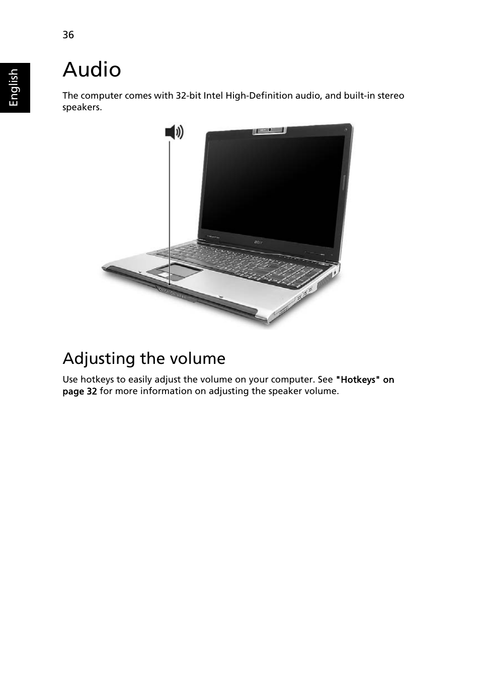 Audio, Adjusting the volume | Acer Aspire 9420 User Manual | Page 56 / 109