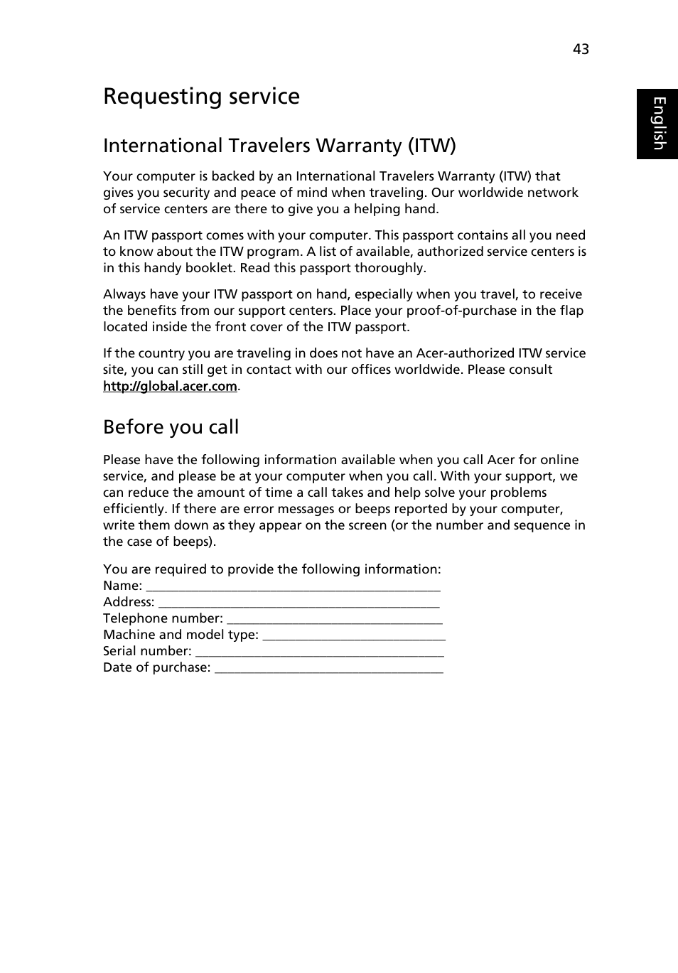 Requesting service, International travelers warranty (itw), Before you call | Acer Aspire 9420 User Manual | Page 63 / 109