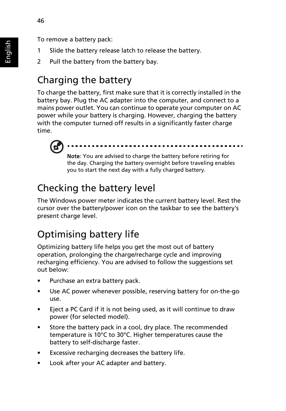 Charging the battery, Checking the battery level, Optimising battery life | Acer Aspire 9420 User Manual | Page 66 / 109