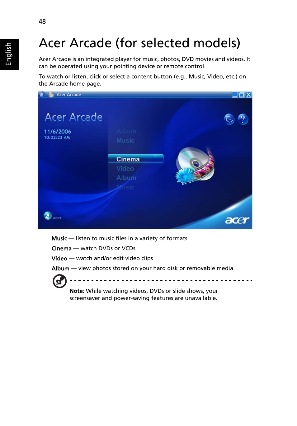 Acer arcade (for selected models) | Acer Aspire 9420 User Manual | Page 68 / 109