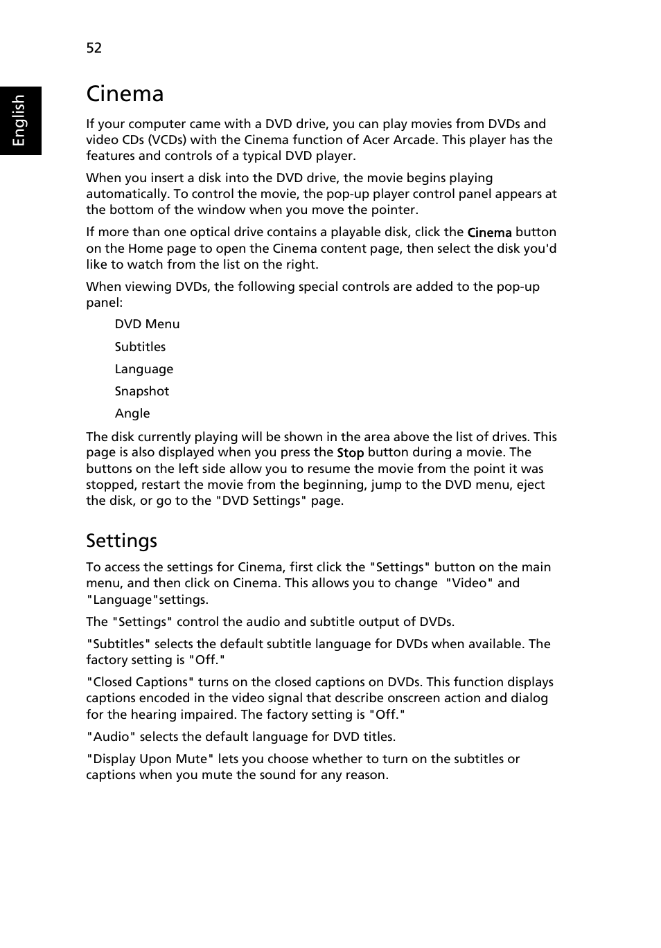 Cinema, Settings | Acer Aspire 9420 User Manual | Page 72 / 109