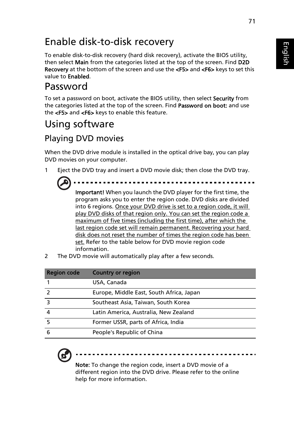 Using software, Enable disk-to-disk recovery, Password | Playing dvd movies | Acer Aspire 9420 User Manual | Page 91 / 109