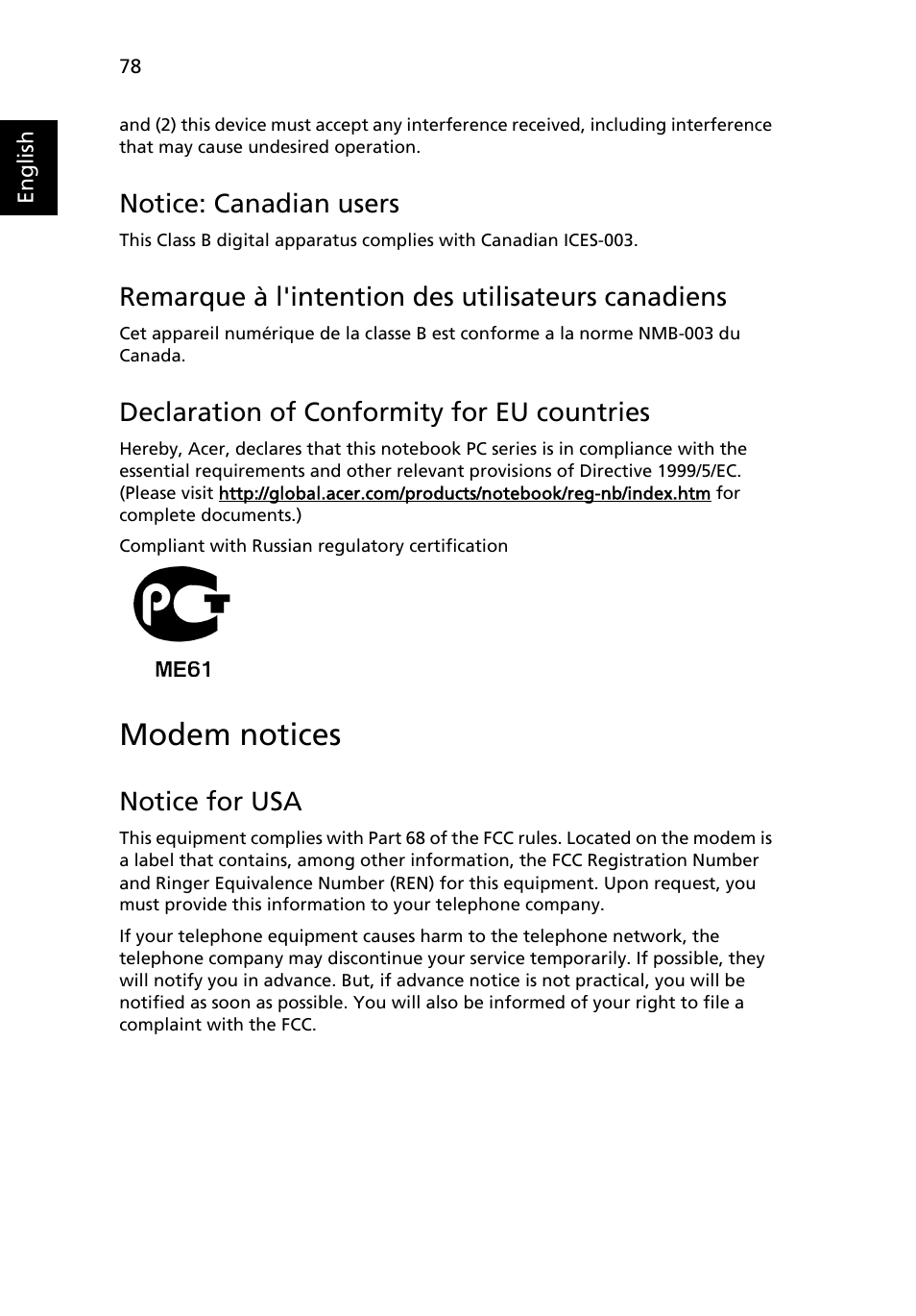 Modem notices, Notice: canadian users, Remarque à l'intention des utilisateurs canadiens | Declaration of conformity for eu countries, Notice for usa | Acer Aspire 9420 User Manual | Page 97 / 109