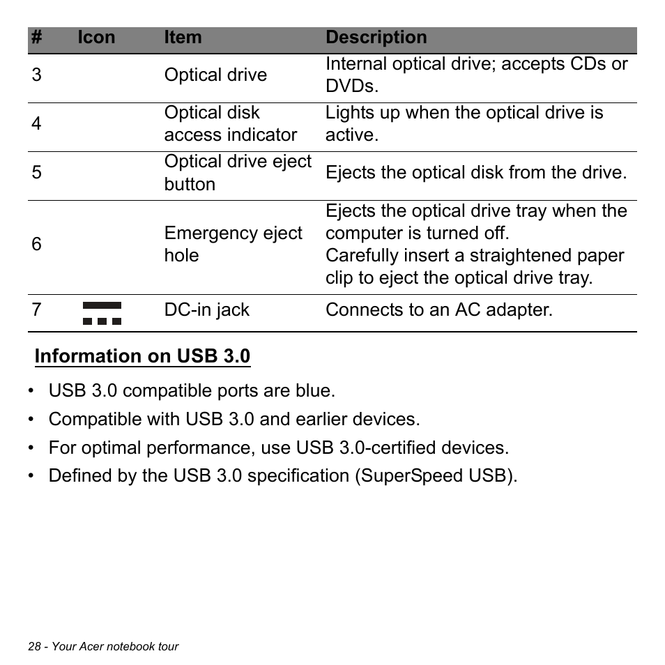 Information on usb 3.0 | Acer Aspire V3-772G User Manual | Page 28 / 109