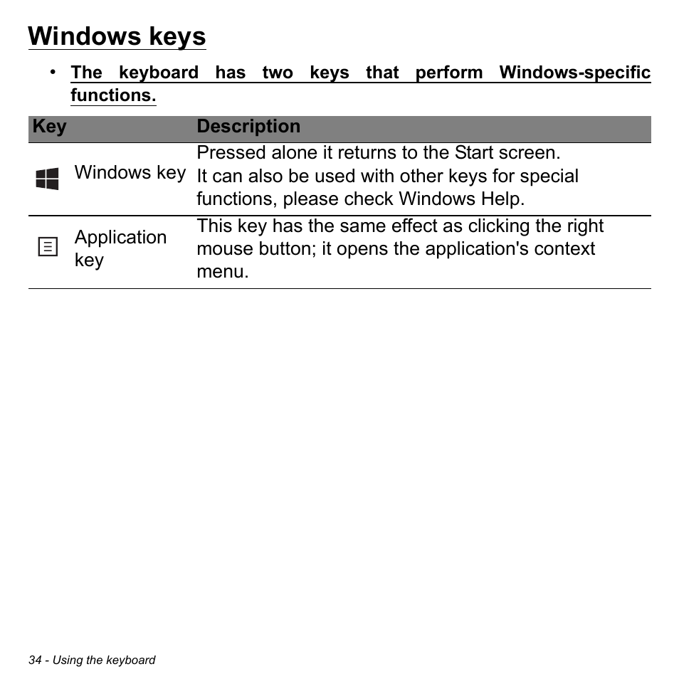 Windows keys | Acer Aspire V3-772G User Manual | Page 34 / 109