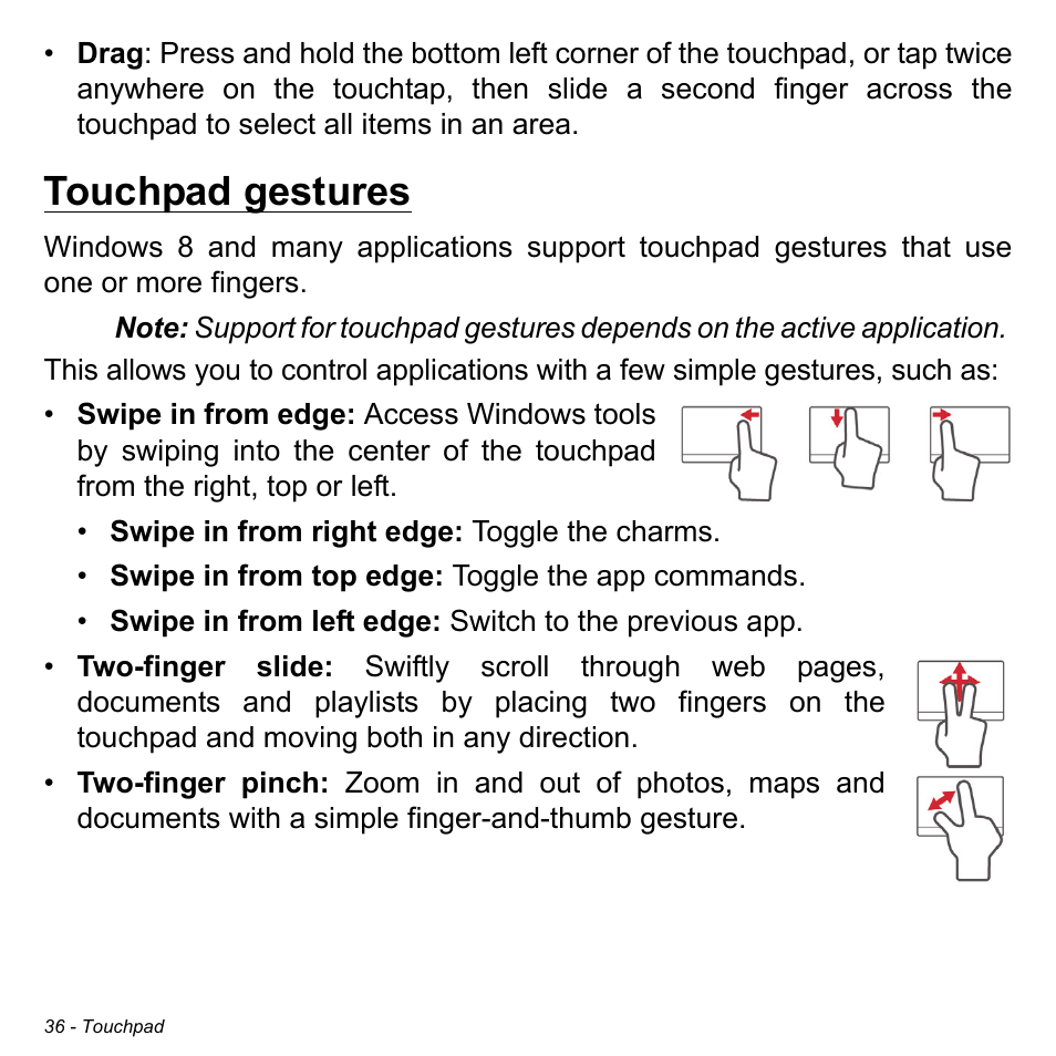 Touchpad gestures | Acer Aspire V3-772G User Manual | Page 36 / 109
