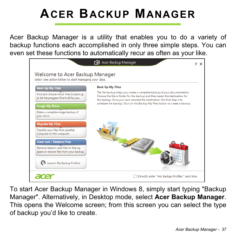 Acer backup manager, Ackup, Anager | Acer Aspire V3-772G User Manual | Page 37 / 109