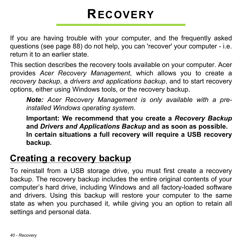 Recovery, Creating a recovery backup, Ecovery | Acer Aspire V3-772G User Manual | Page 40 / 109