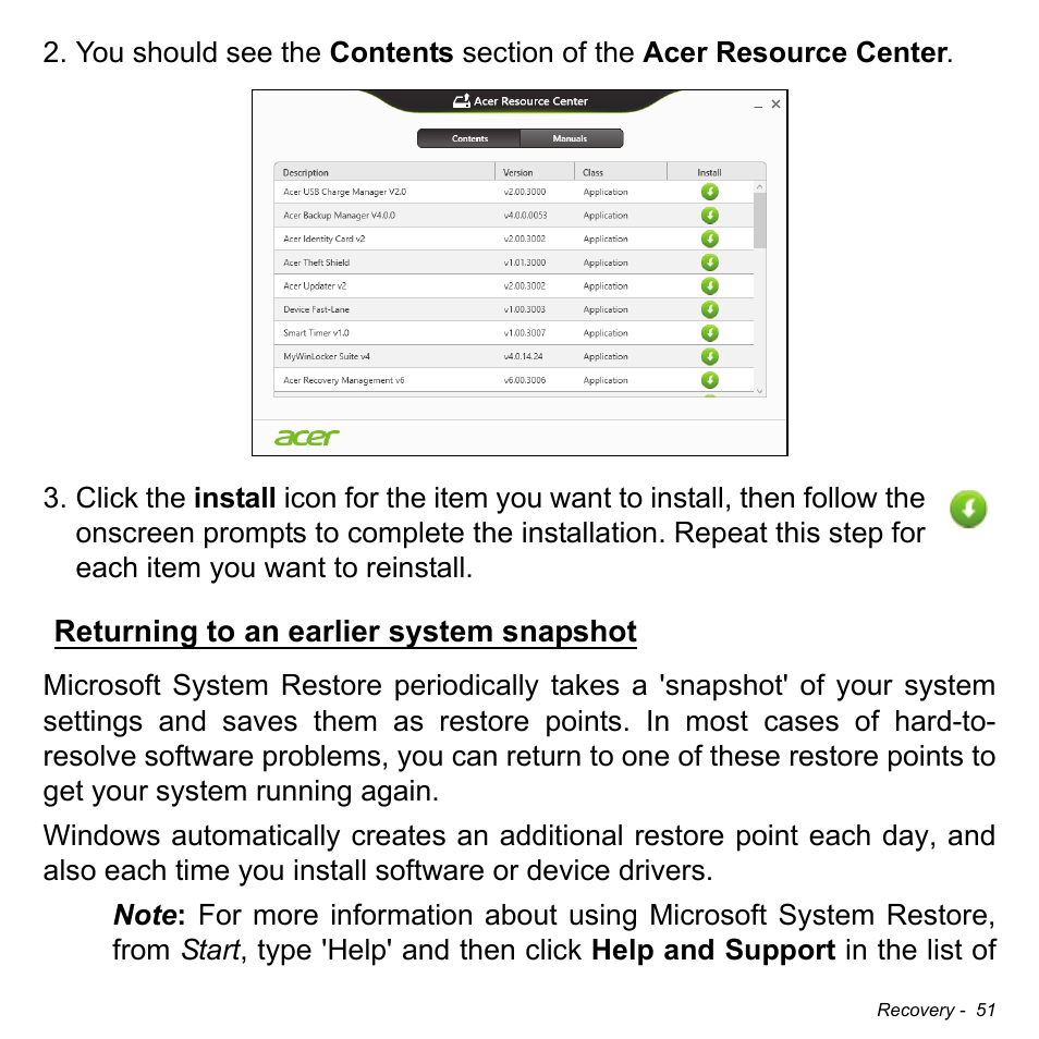 Returning to an earlier system snapshot | Acer Aspire V3-772G User Manual | Page 51 / 109