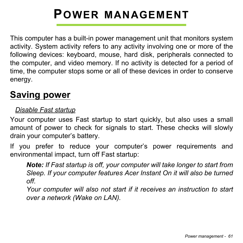 Power management, Saving power, Ower | Management | Acer Aspire V3-772G User Manual | Page 61 / 109