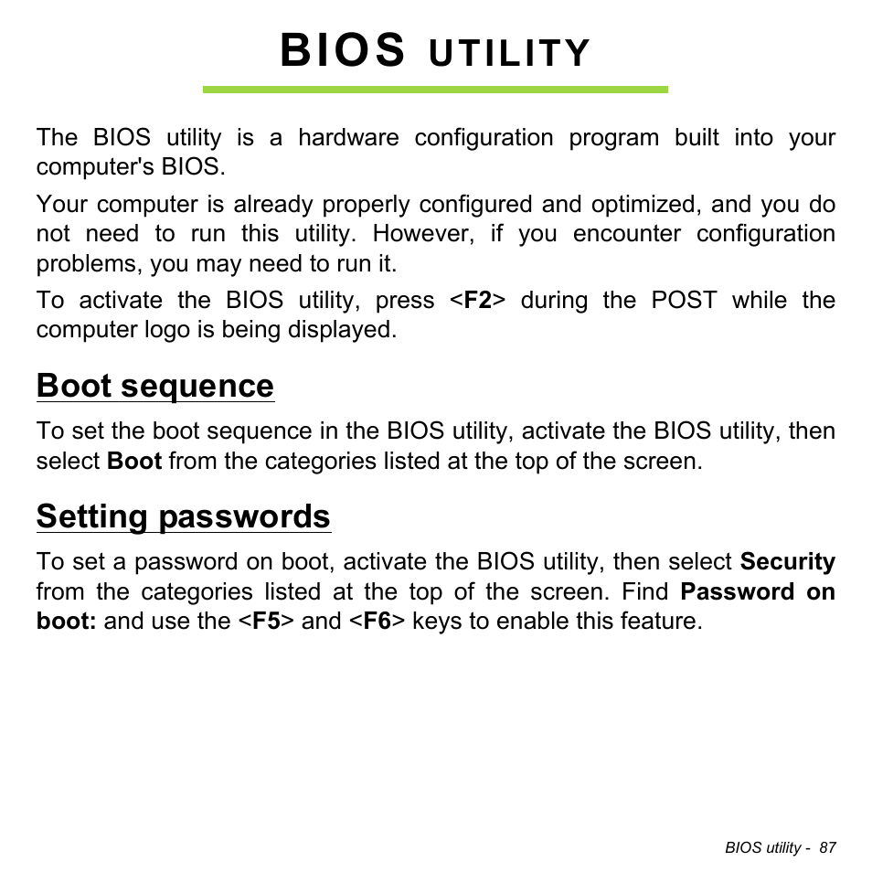 Bios utility, Boot sequence, Setting passwords | Boot sequence setting passwords, Bios, Utility | Acer Aspire V3-772G User Manual | Page 87 / 109