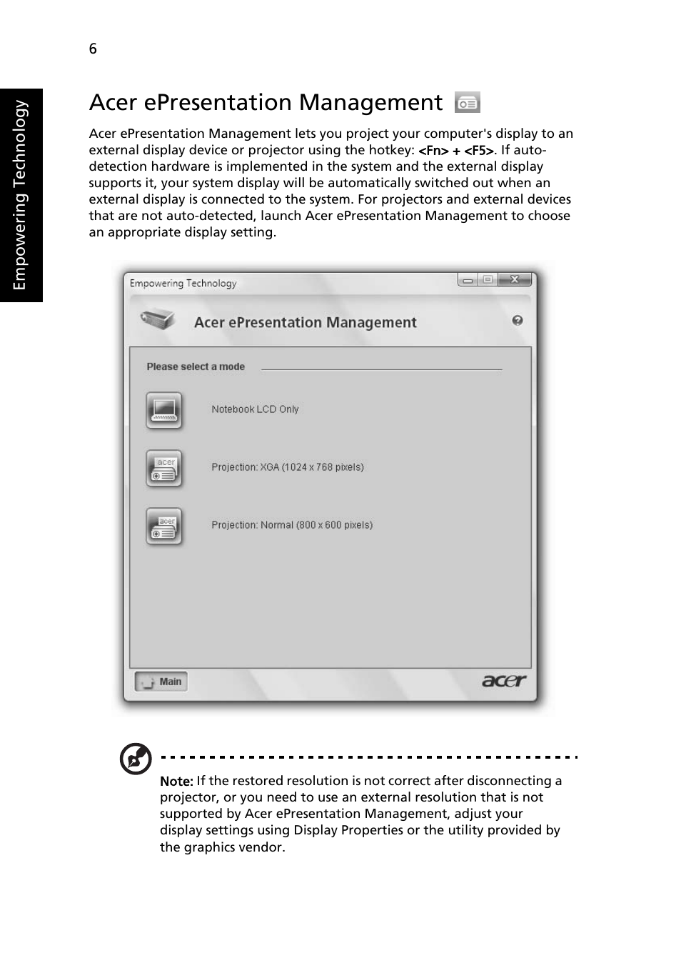 Acer epresentation management | Acer TravelMate 5220 User Manual | Page 24 / 98