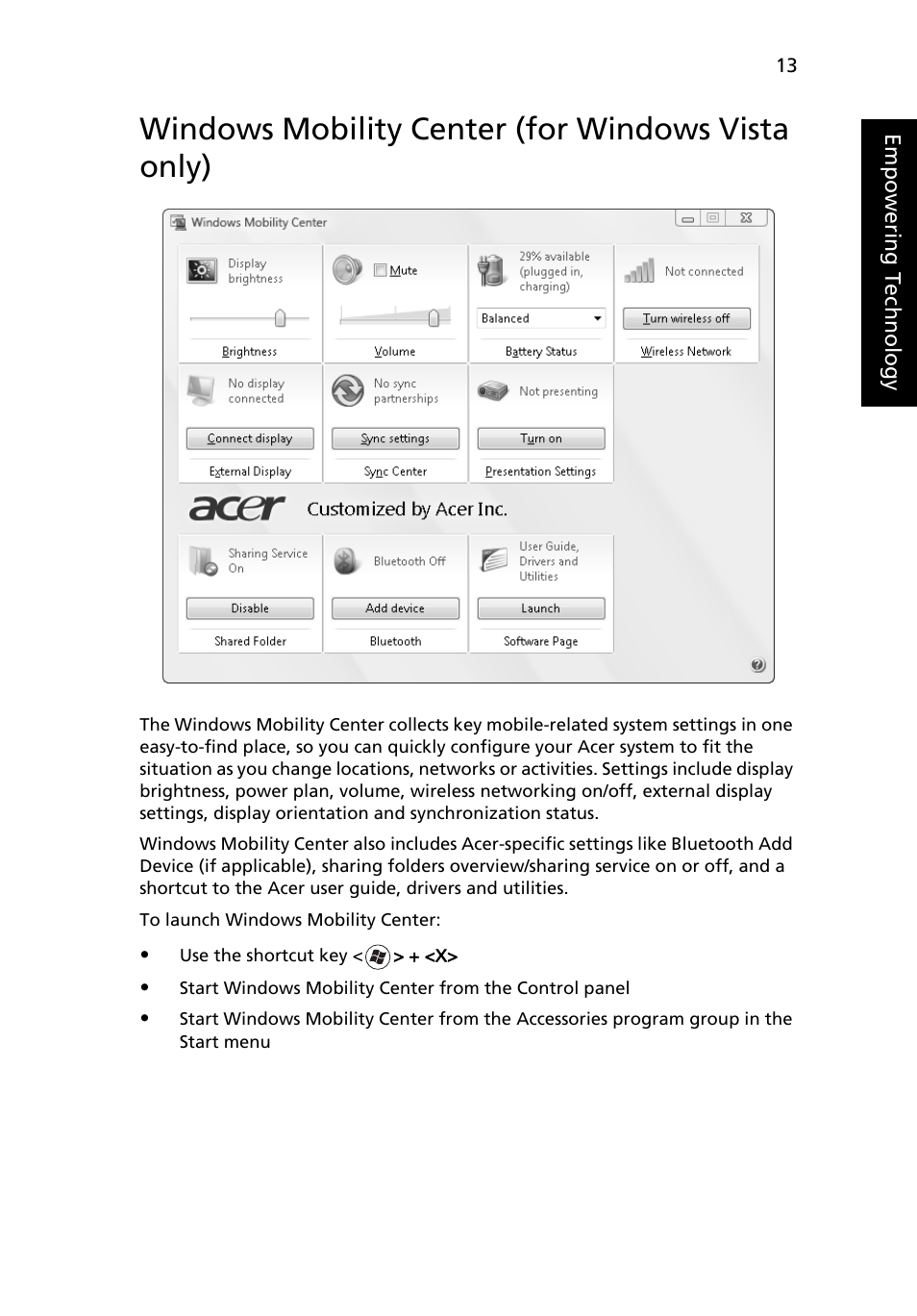 Windows mobility center (for windows vista only) | Acer TravelMate 5220 User Manual | Page 31 / 98