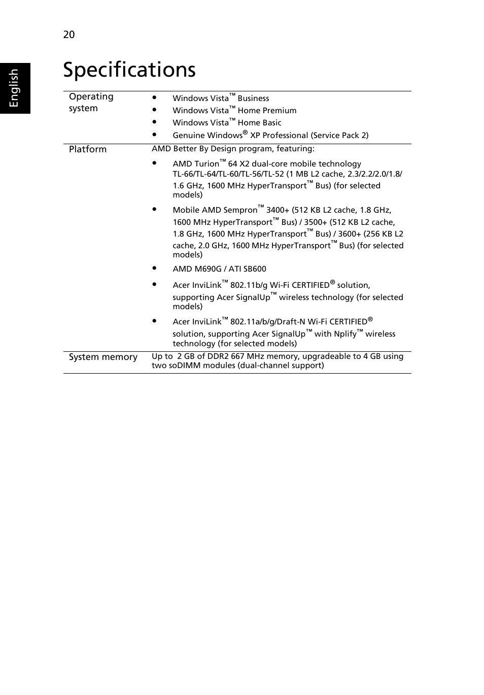 Specifications, English | Acer TravelMate 5220 User Manual | Page 38 / 98