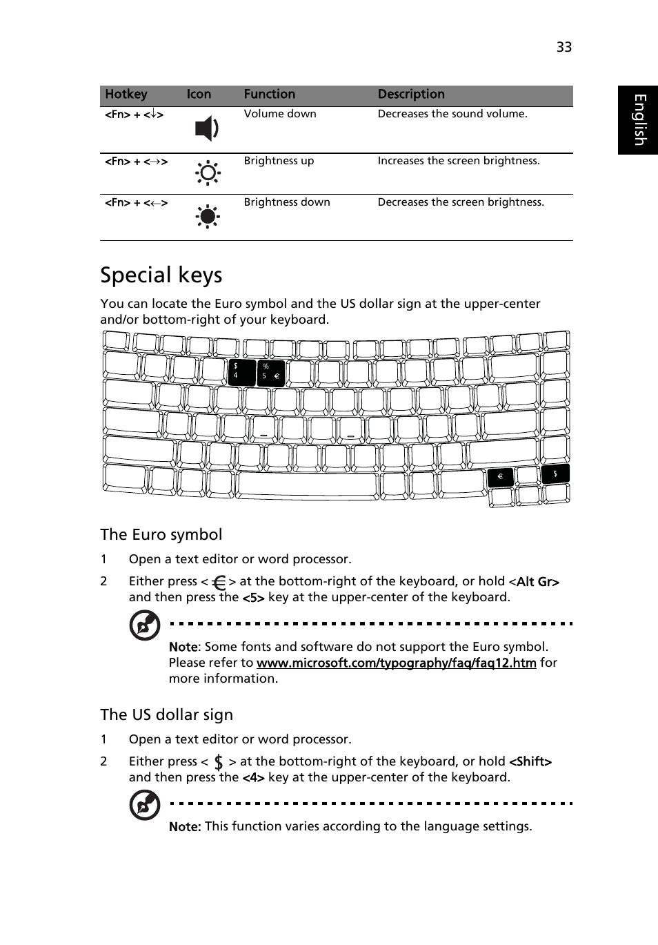 Special keys, Eng lis h, The euro symbol | The us dollar sign | Acer TravelMate 5220 User Manual | Page 51 / 98