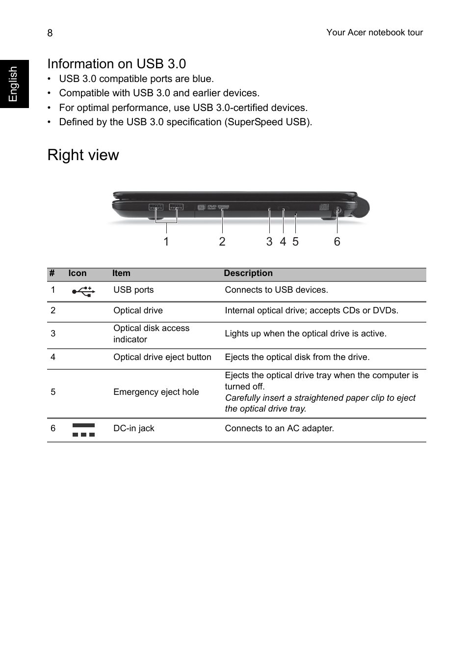 Information on usb 3.0, Right view | Acer TravelMate P245-MP User Manual | Page 8 / 10