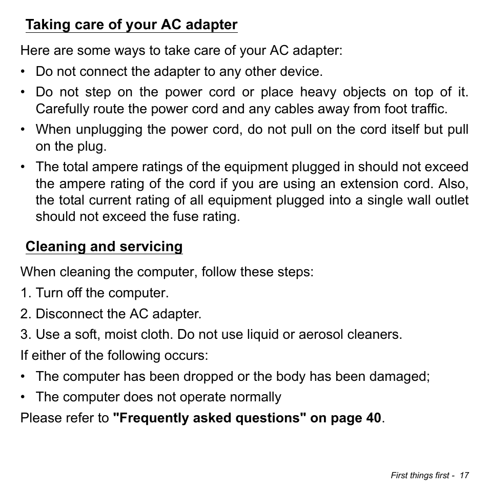 Taking care of your ac adapter, Cleaning and servicing | Acer W3-810P User Manual | Page 17 / 75